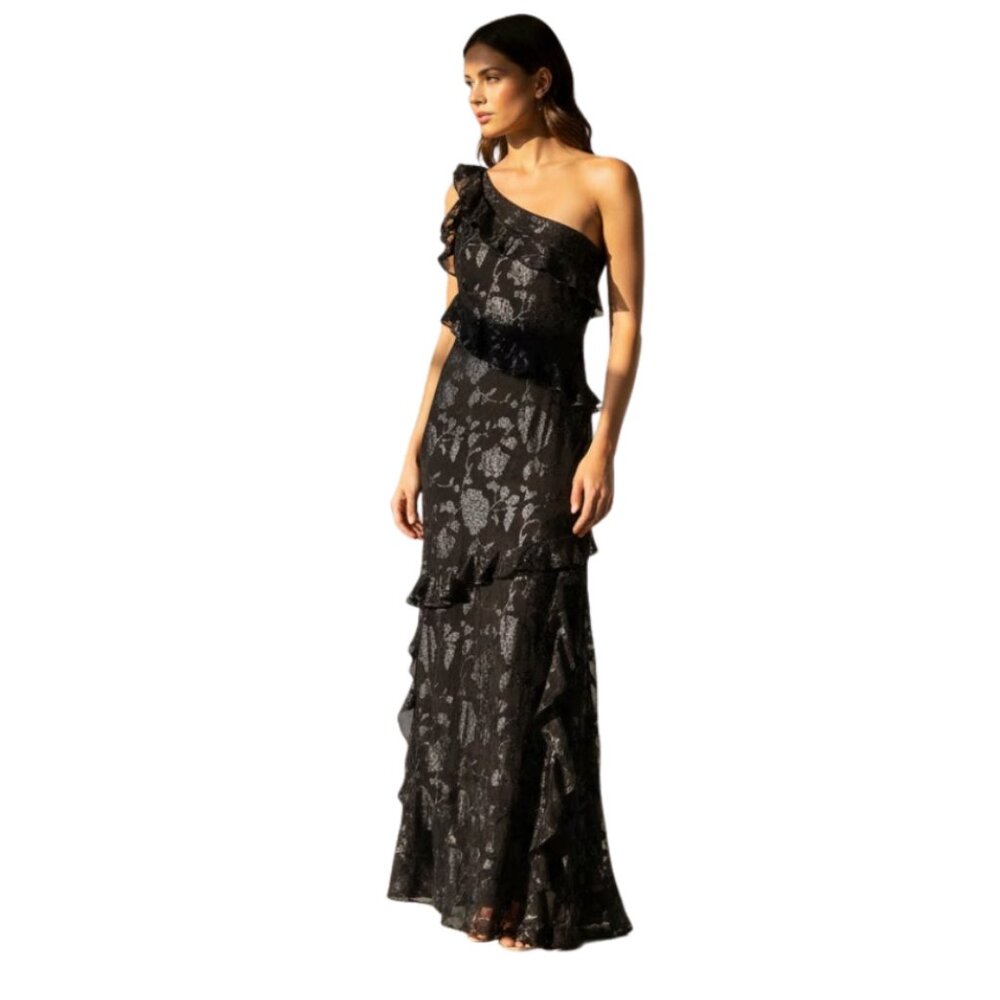 Astr Andrea One Shoulder Maxi Dress Black Shimmer Size‎ S